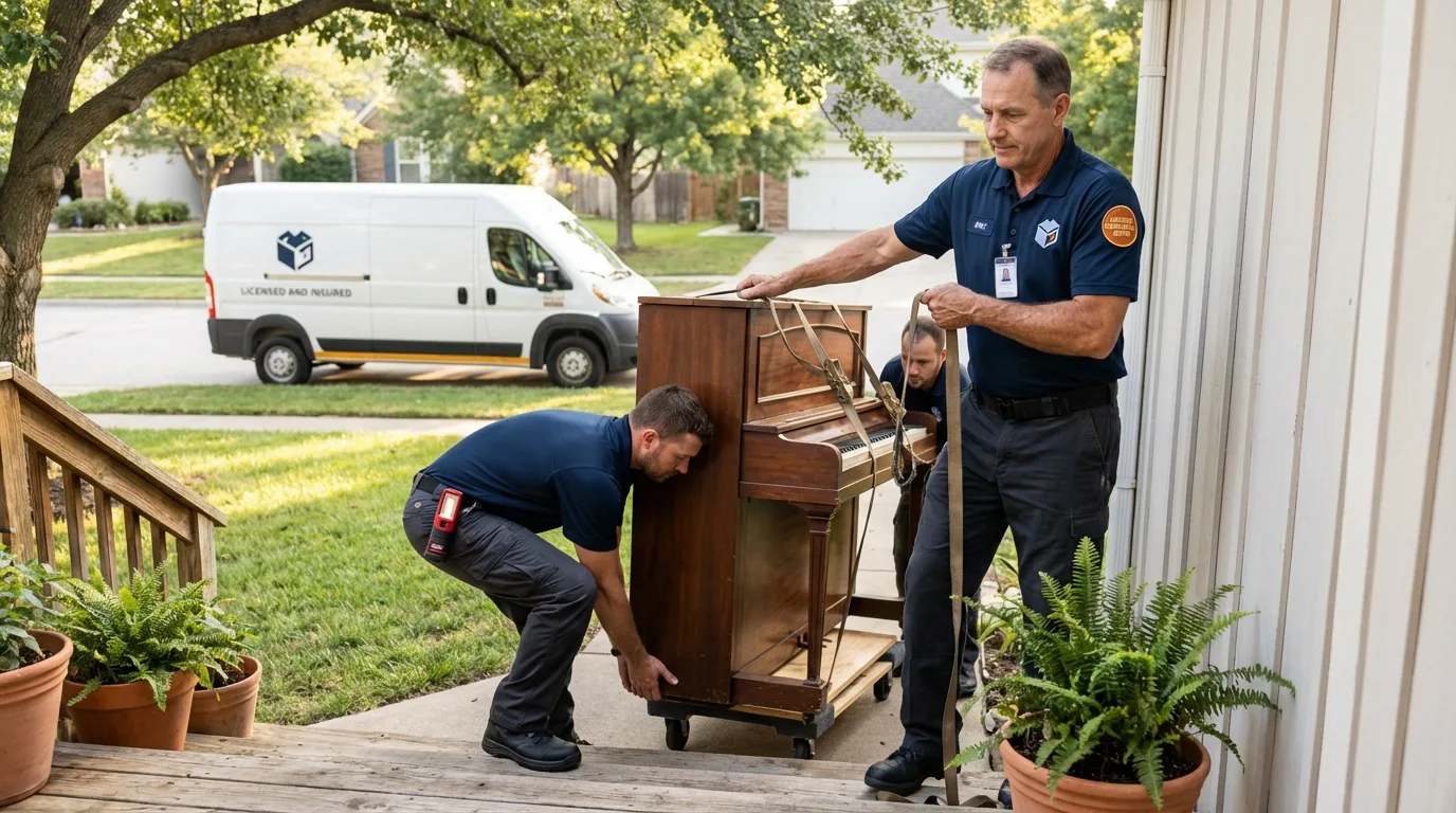 Licensed piano movers securing grand piano in West Richland, WA