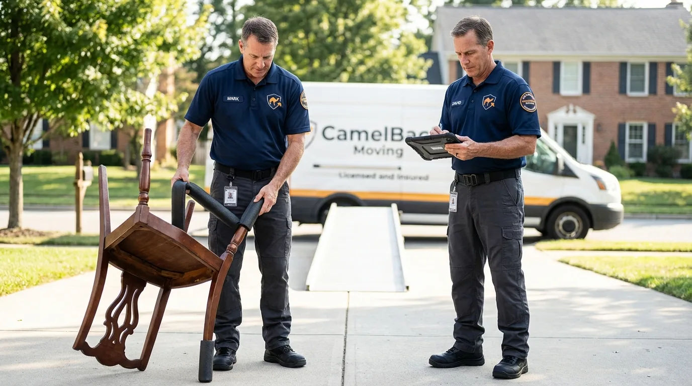 Movers inspecting furniture for damage prevention before loading in West Richland, WA