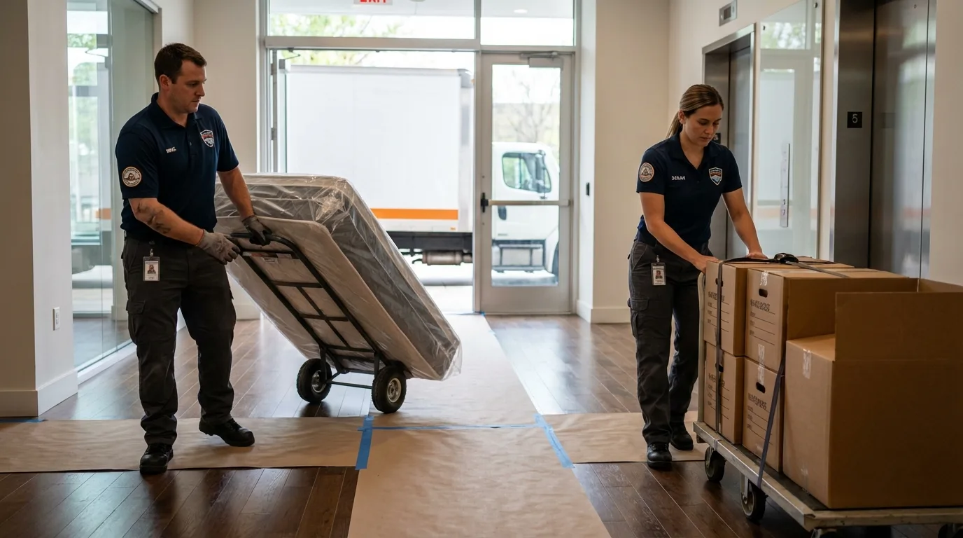 Professional apartment movers loading elevator in West Richland, WA