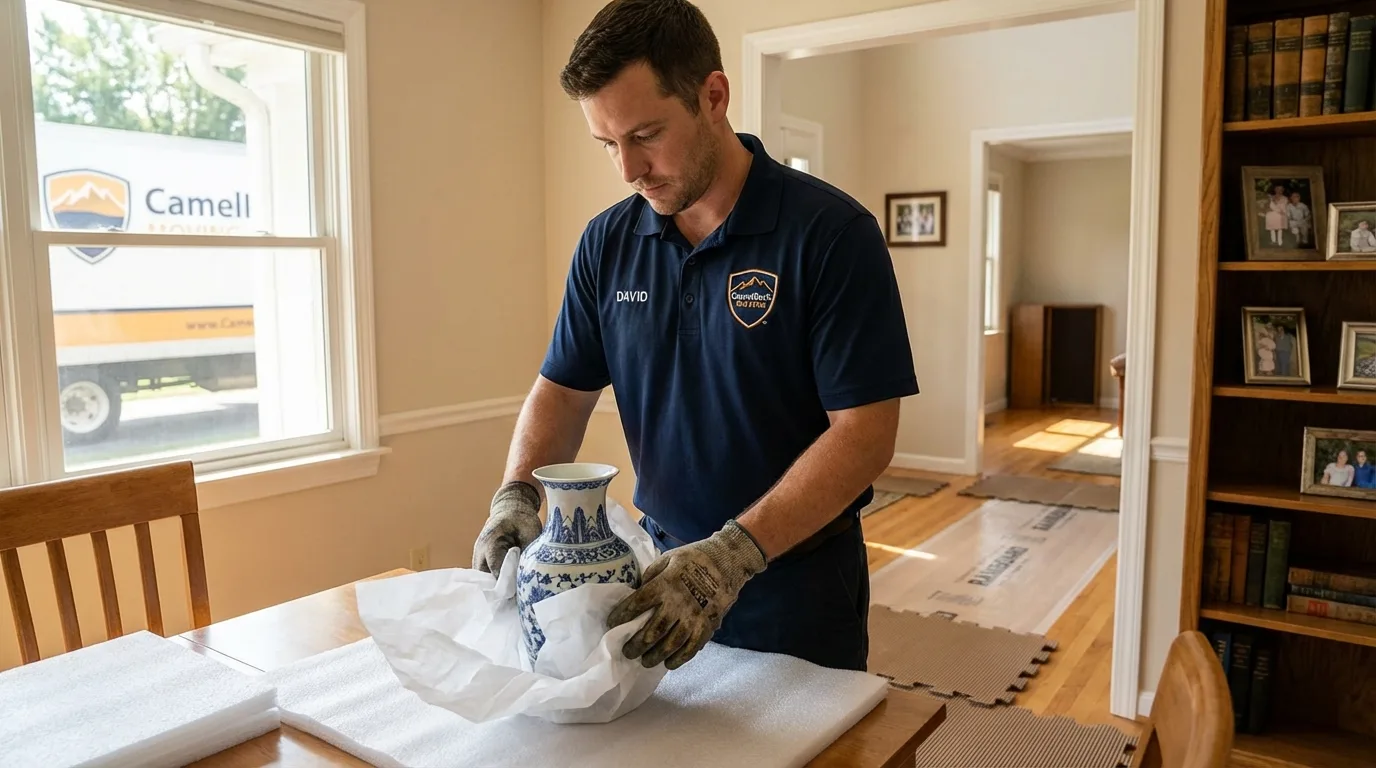 Professional crew carefully wrapping antique vase for senior downsizing move in West Richland, WA